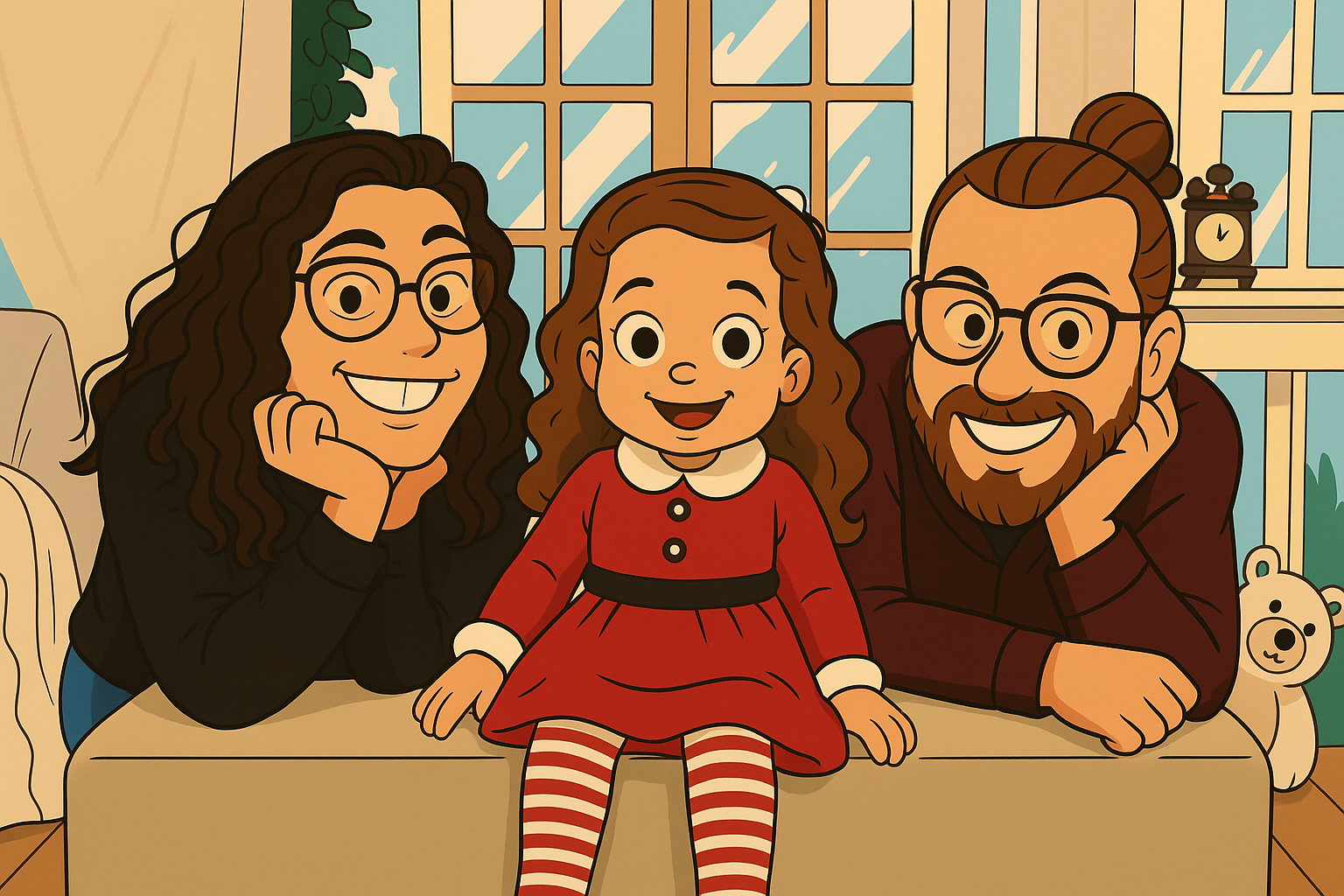 A picture of our family taken on christmas, in cartoon style. Our daughter is on the center, while Eva is on the left and José is on the right.
